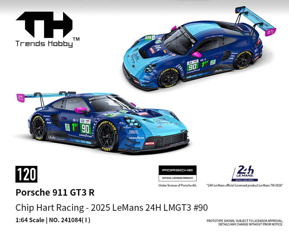 1/64 Trends Hobby 2025 Porsche 911 GT3 R Le Man 24H 2025 #90 Chip Hart Racing Diecast Car Model