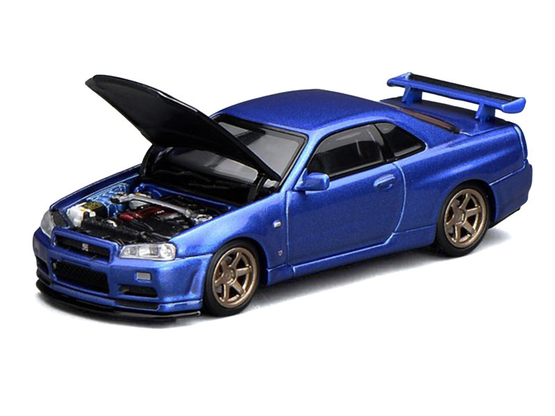 Nissan Skyline GT-R (R34) V-Spec II RHD (Right Hand Drive) Bayside Blue Metallic with Carbon Hood "Senior 64" Series 1/64 Diecast Model Car by MotorHelix