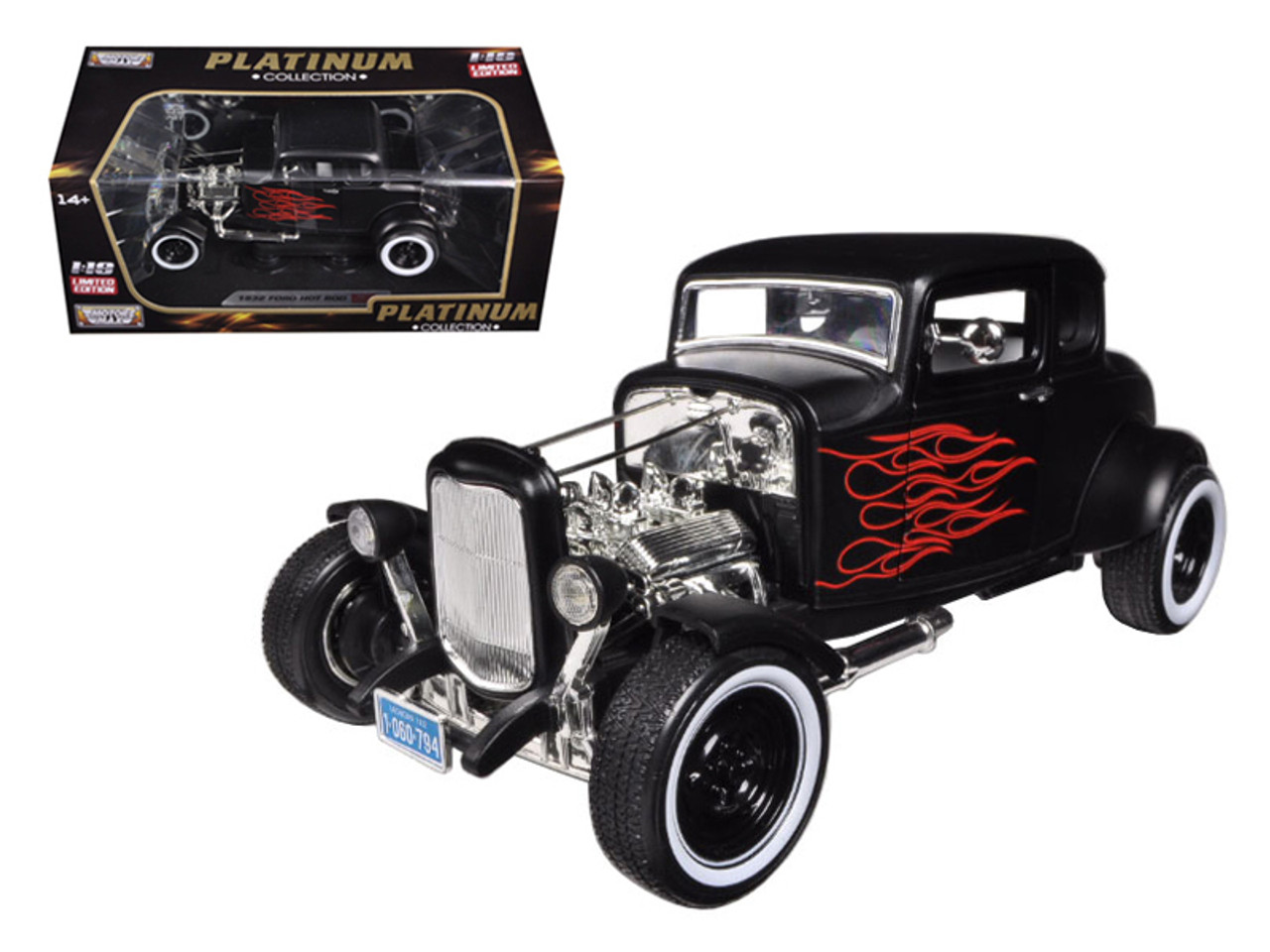 1932 Ford Hot Rod Matt Black with Flames Limited Edition / Platinum Collection 1/18 Diecast Model Car by Motormax 