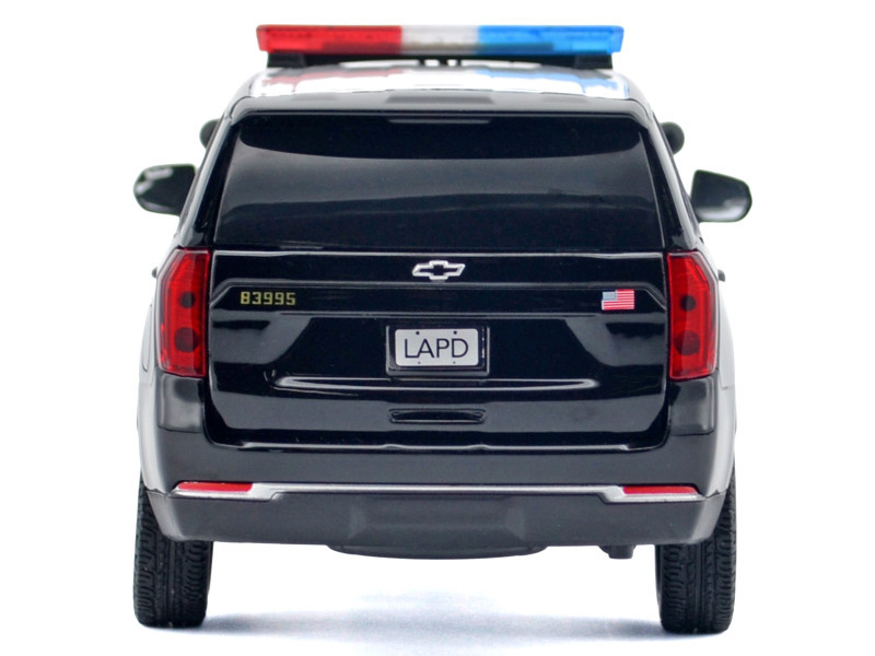 2025 Chevrolet Tahoe PPV "LAPD (Los Angeles Police Department)" Black and White with Flashing Light Bar and Front and Rear Lights and Sounds 1/24 Diecast Model Car by Motormax