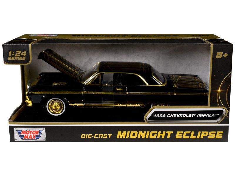 1964 Chevrolet Impala Lowrider Black with Gold Graphics and Wheels "Midnight Eclipse" Series 1/24 Diecast Model Car by Motormax