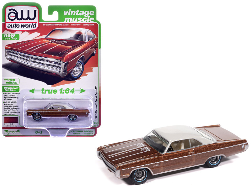 1971 Plymouth Sport Fury GT Autumn Bronze Metallic with White Graphics and Top "Vintage Muscle" Series 1/64 Diecast Model Car by Auto World