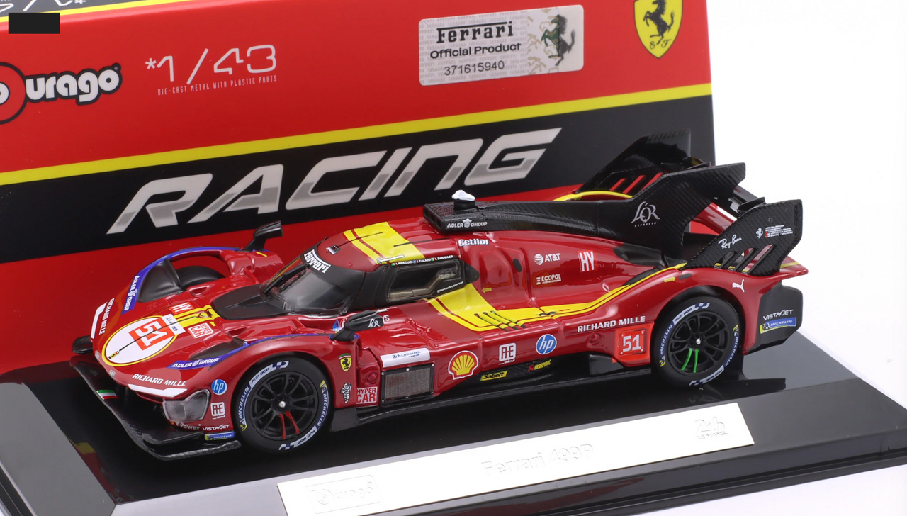 1/43 BBurago 2025 Ferrari 499P #51 3rd 24h LeMans Ferrari AF Corse Antonio Giovinazzi, Alessandro Pier Guidi, James Calado Car Model Elite Package