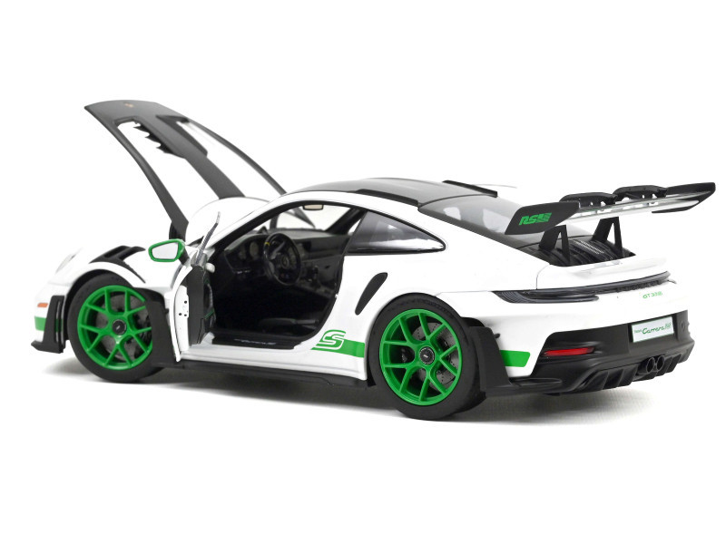2022 Porsche 911 GT3 RS Weissach Pack White with Green Stripes And Carbon Hood and Top 1/18 Diecast Model Car by Norev