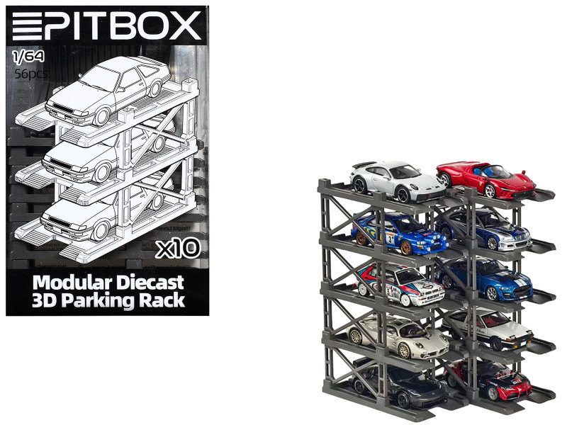 Modular Diecast 3D Parking Rack Display Stand Set of 10 Racks for 1/64 Scale Model Cars by Pitbox