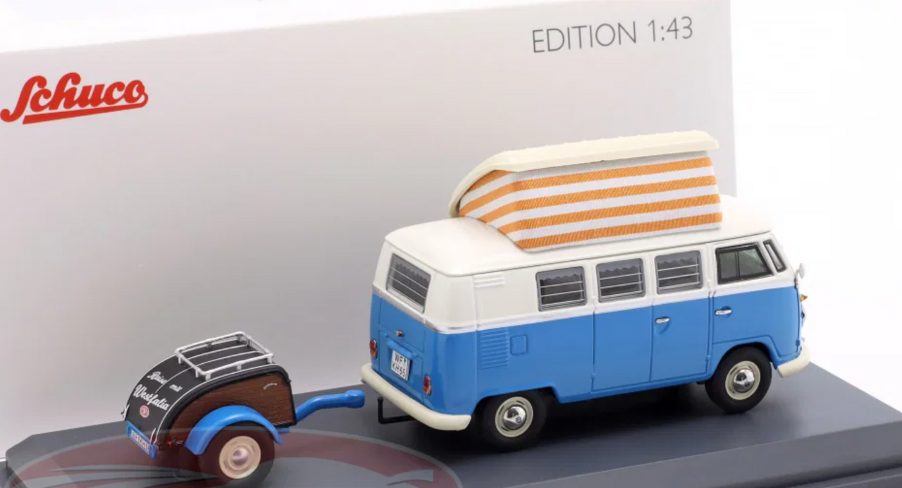 1/43 Schuco Volkswagen VW T1 Camper with Trailer (Blue & White) Car Model