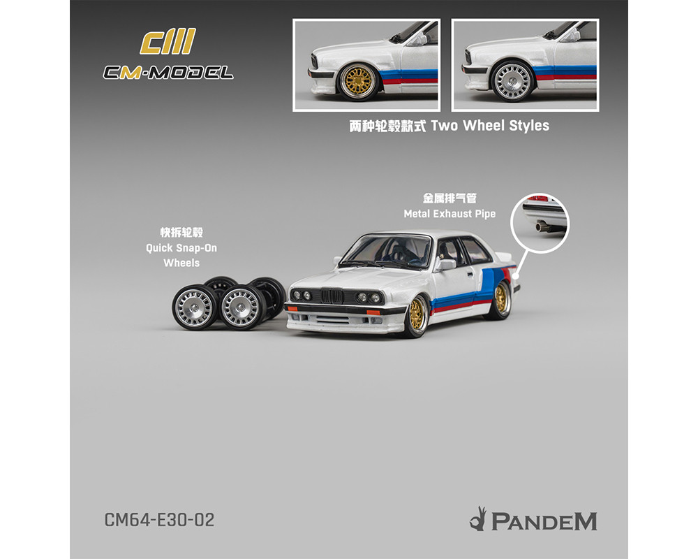 1/64 CM Model BMW M3 E30 Alpine Pandem (White with M Tri-Stripes) Diecast Car Model