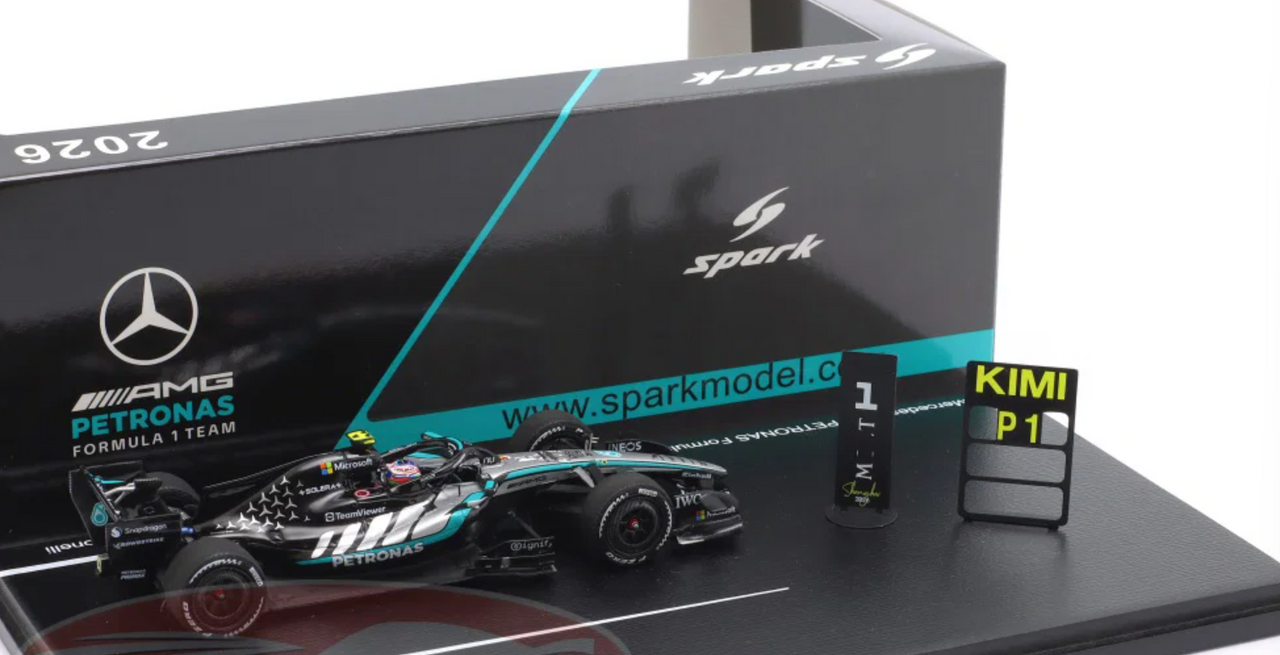 1/43 Spark 2026 Formula 1 Mercedes-AMG PETRONAS Formula One Team W17 No.12 Winner Chinese GP 2026 Kimi Antonelli With Pit Board Car Model
