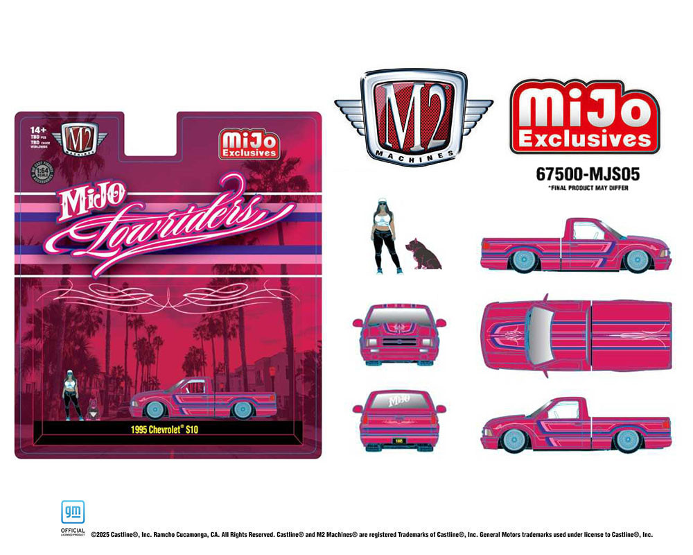 1/64 M2 Machines 1995 Chevrolet S10 Lowriders with Girl & Pitbull Dog Figures (Pink) Diecast Car Model