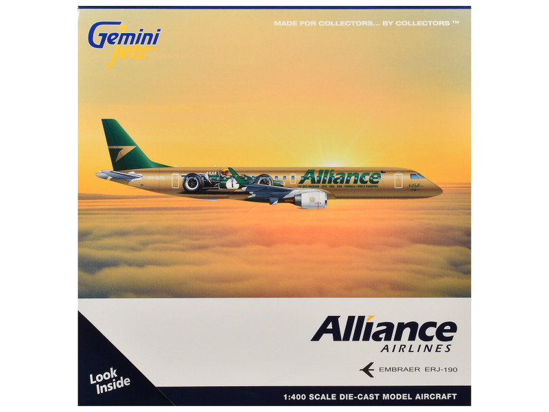 Embraer ERJ-190 Commercial Aircraft "Alliance Airlines - Sir Jack Brabham" (N7620U) Gold Metallic with Graphics 1/400 Diecast Model Airplane by GeminiJets