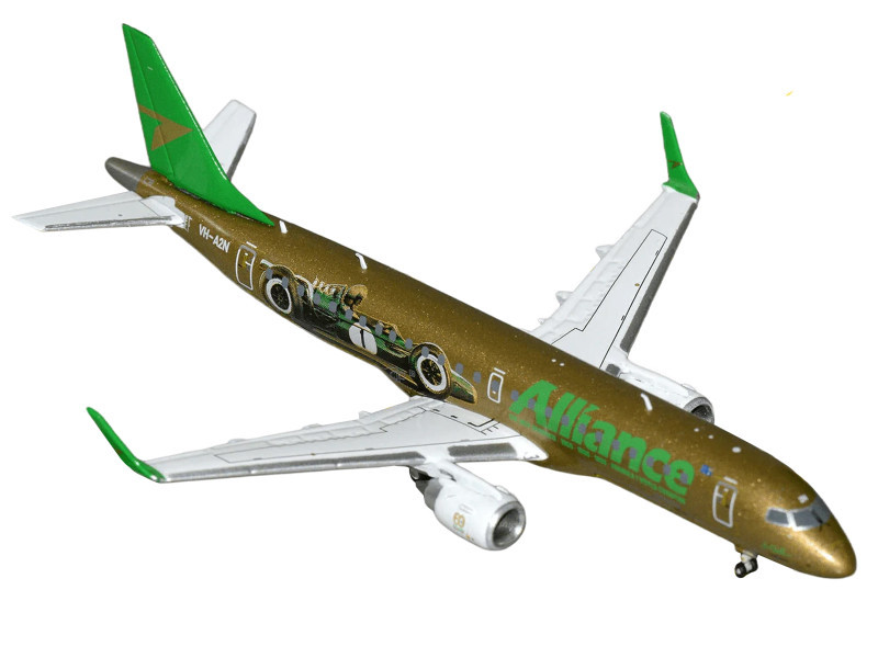 Embraer ERJ-190 Commercial Aircraft "Alliance Airlines - Sir Jack Brabham" (N7620U) Gold Metallic with Graphics 1/400 Diecast Model Airplane by GeminiJets
