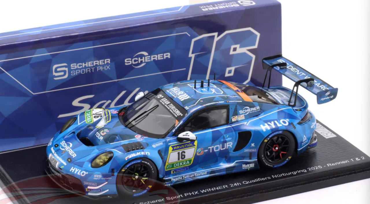 1/43 Spark 2025 Porsche 911 GT3 R #16 Winner 24h Qualifiers Nürburgring Scherer Sport PHX Patric Niederhauser, Laurens Vanthoor Car Model
