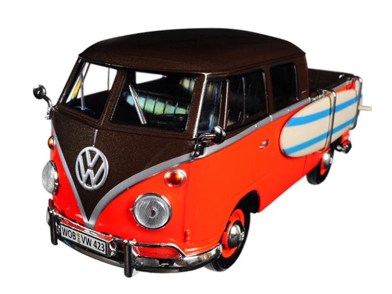 Volkswagen Type 2 (T1) Pickup with Surfboard Brown and Orange 1/24 Diecast Model Car by Motormax