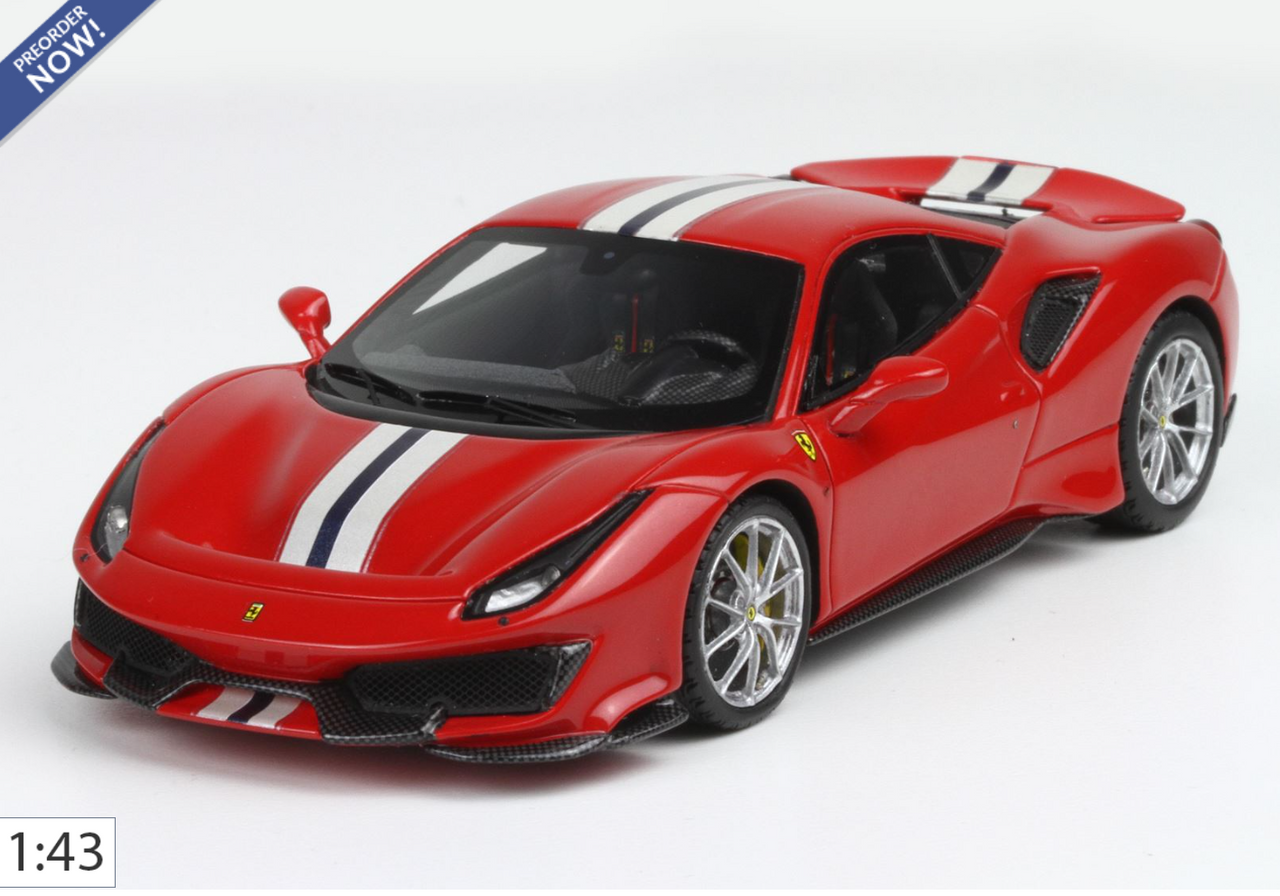 1/43 BBR Ferrari 488 Pista (Rosso Corsa Metallic Red with Silver Nurburgring & Blue America Stripe) Car Model Limited 148 Pieces