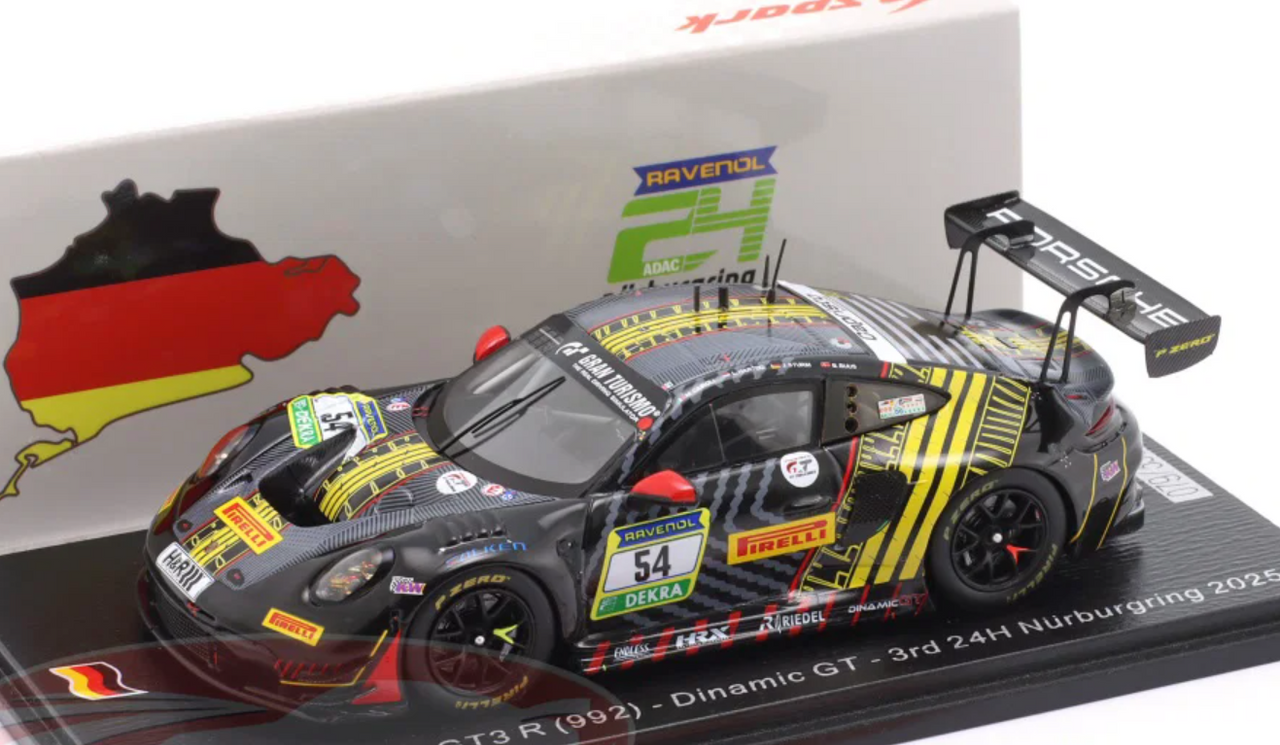 1/43 Spark 2025 Porsche 911 (992) GT3 R #54 3rd 24h Nürburgring Dinamic GT SRL Bastian Buus, Matteo Cairoli, Loek Hartog, Joel Sturm Car Model
