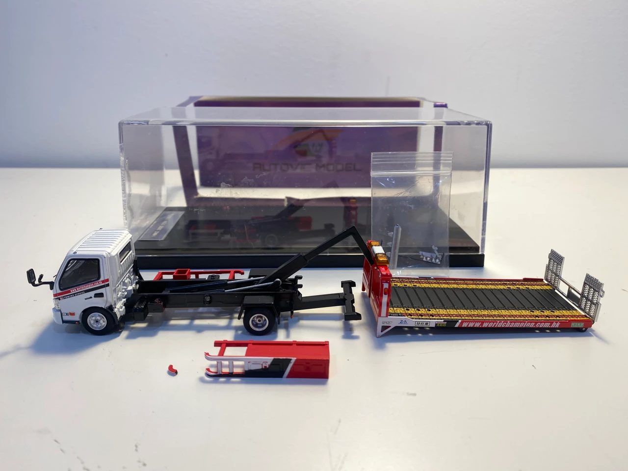 DAMAGED AS-IS 1/64 Unique Model & Tiny Hino 300 Dutro Flatbed Tow Truck Diecast Car Model