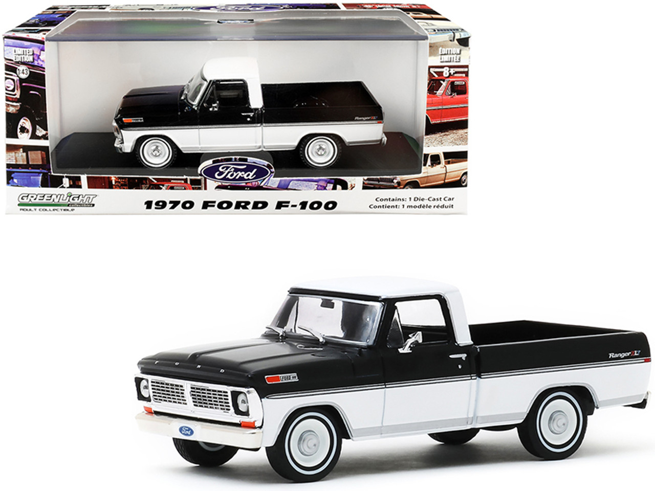 1970 Ford F-100 Ranger XLT Pickup Truck Raven Black and Pure White 1/43 Diecast Model Car by Greenlight