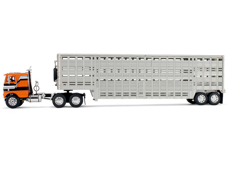 1/64 First Gear Freightliner COE (Orange & Black) & 45’ Wilson Vintage Livestock Trailer Diecast Model