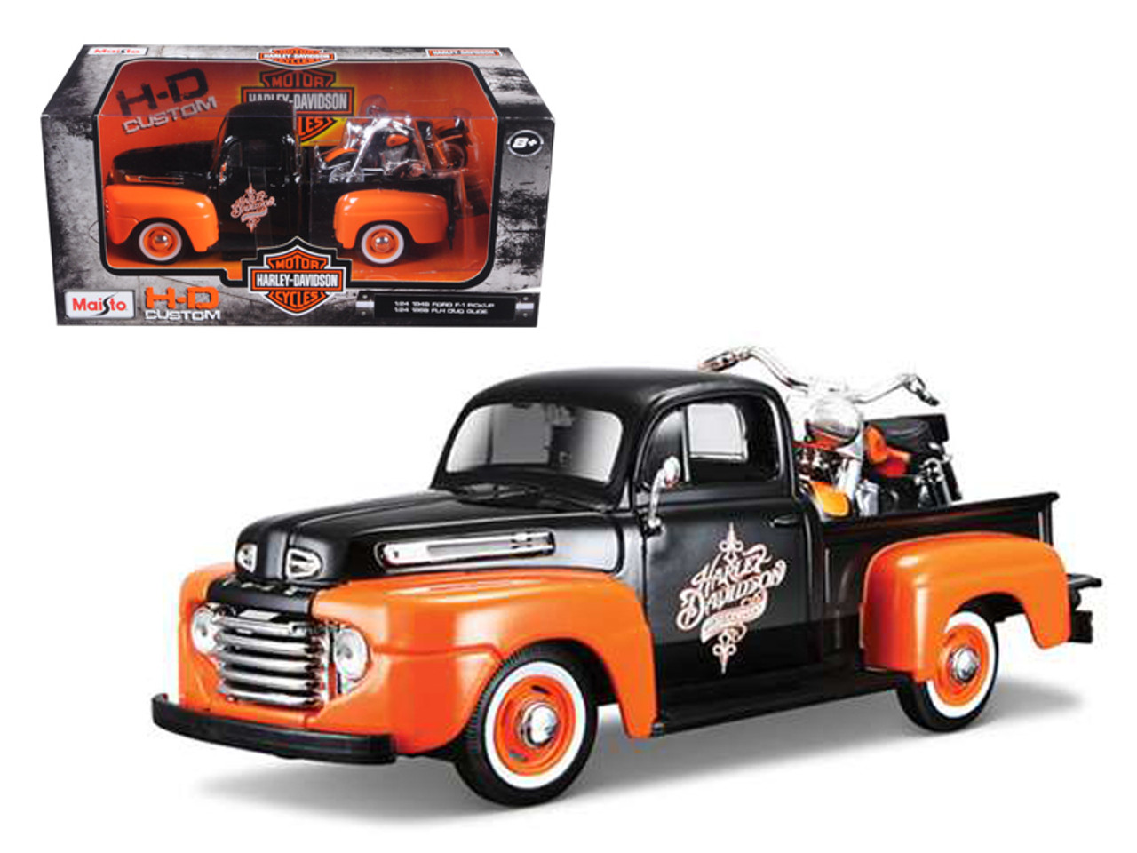 1948 Ford F-1 Pickup Truck Orange/Black with 1958 FLH Duo Glide Harley Davidson Motorcycle 1/24 Diecast Models by Maisto