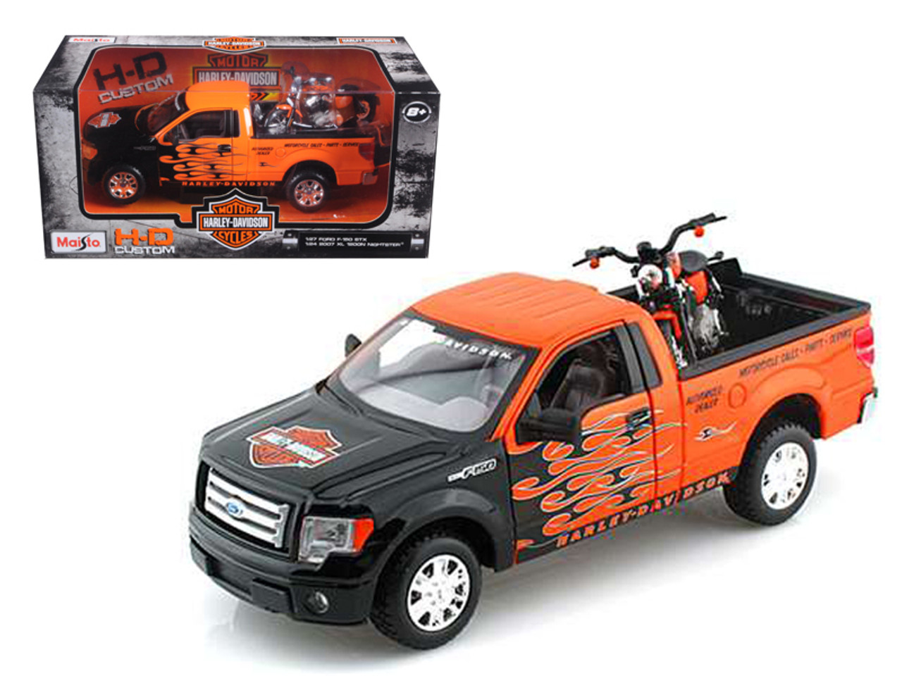 2010 Ford F-150 STX Pickup 1/27 Orange with Flames & 2007 XL1200N Nightster Harley Davidson 1/24 by Maisto