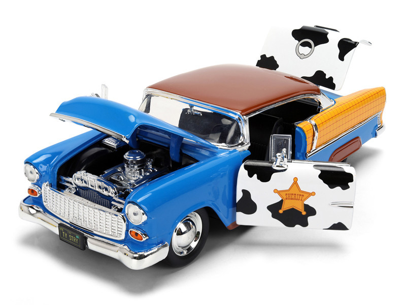 1955 Chevrolet Bel Air Blue with Graphics and Woody Diecast Figure "Toy Story" Franchise "Hollywood Rides" Series 1/24 Diecast Model Car by Jada