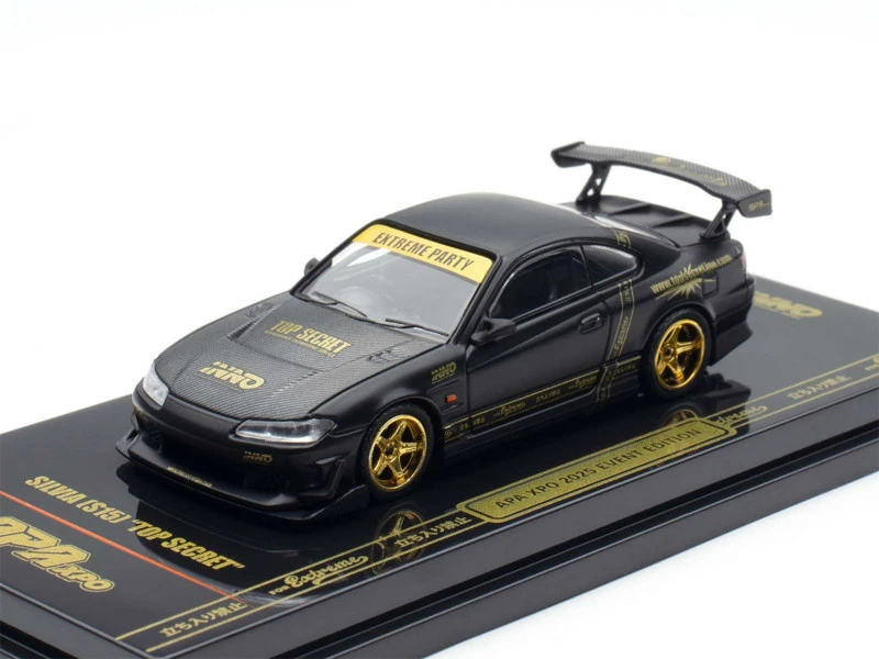Nissan "Top Secret" Silvia (S15) RHD (Right Hand Drive) Matt Black with Carbon Hood "APA XPO 2025 Event Edition VIP Ticket Bundle" 1/64 Diecast Model Car by Inno Models