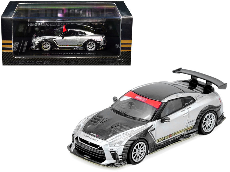Nissan GT-R (R35) Top Secret RHD (Right Hand Drive) Silver Metallic with Carbon Hood and Top "Tokyo Auto Salon Hong Kong 2025 Event Edition" 1/64 Diecast Model Car by Inno Models