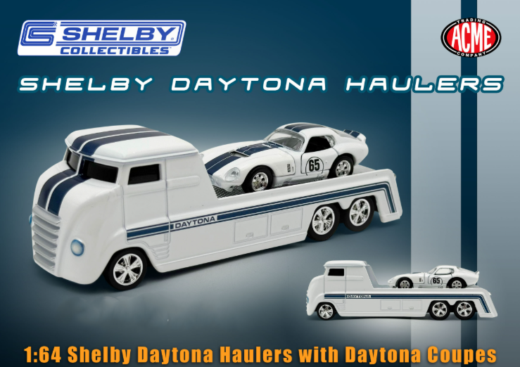 1/64 ACME Shelby Daytona Hauler & #65 Shelby Daytona Coupe (White with Blue stripes) Diecast Car Models