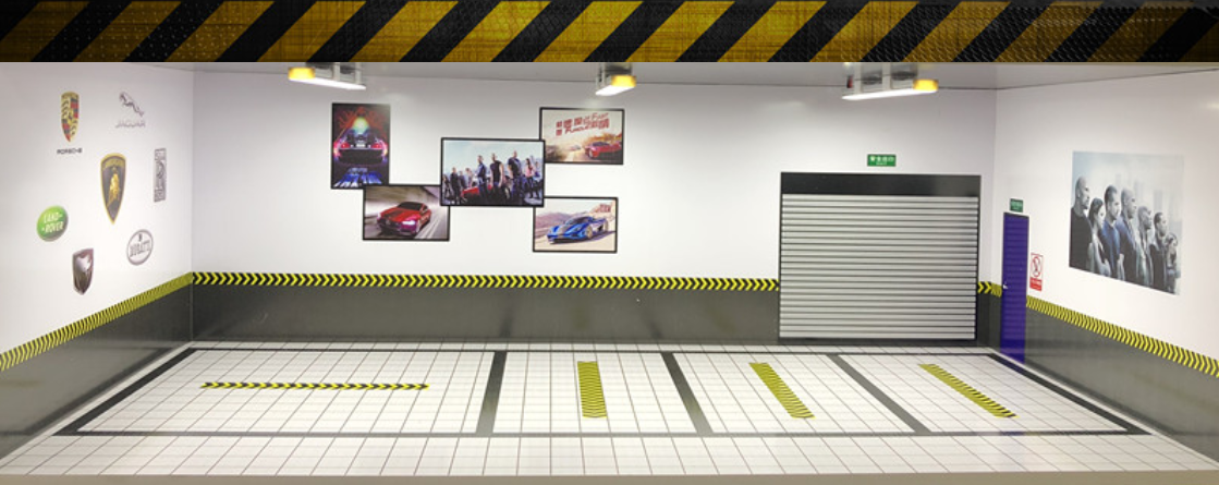 DAMAGED AS-IS 1/18 Fast & Furious Theme 4 Car Garage Parking Repair Scene w/ Lights (car model not included)