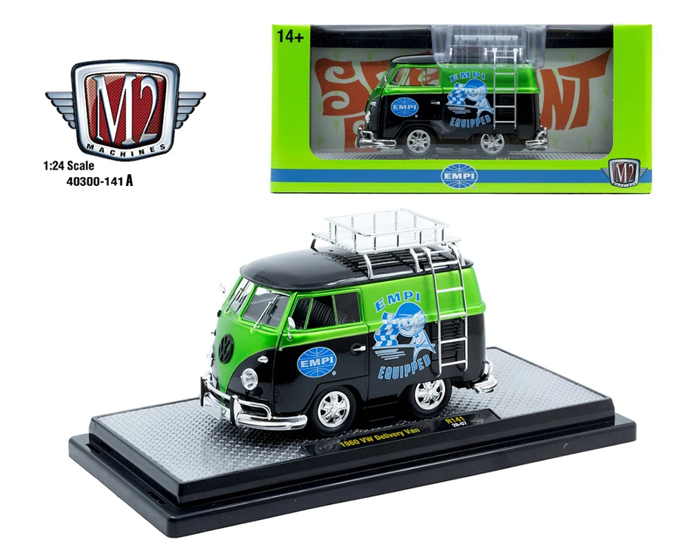 1/24 M2 Machines 1960 VW Delivery Van EMPI EQUIPPED Custom (Two Tone Black & Green) Diecast Car Model