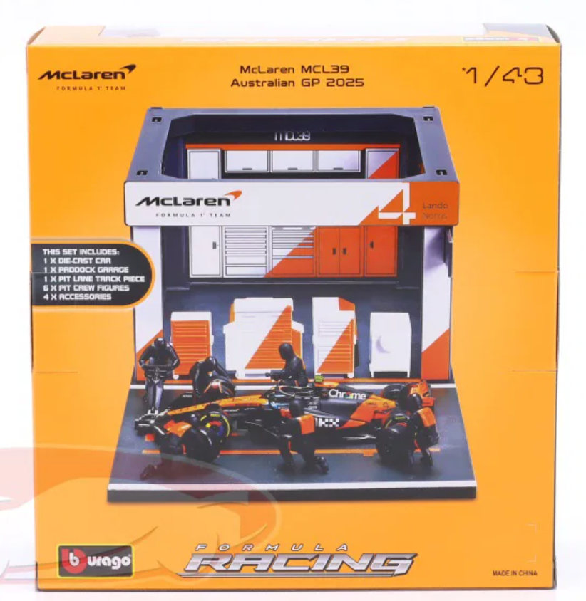 1/43 BBurago 2025 Formula 1 McLaren Team Lando Norris #4 Formula 1 World Champion Pit Stop Diorama