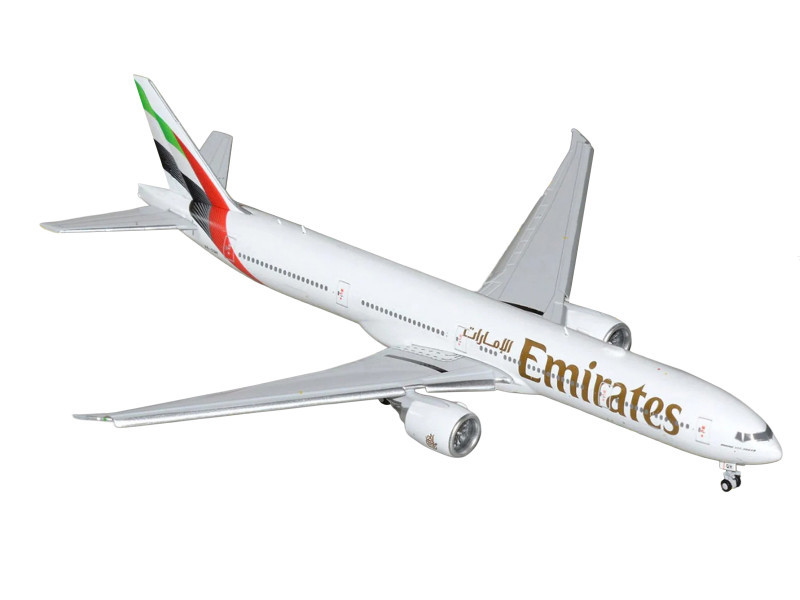 Boeing 777-300ER Commercial Aircraft with Flaps Down "Emirates Airlines" (A6-EQH) White with Striped Tail 1/400 Diecast Model by GeminiJets