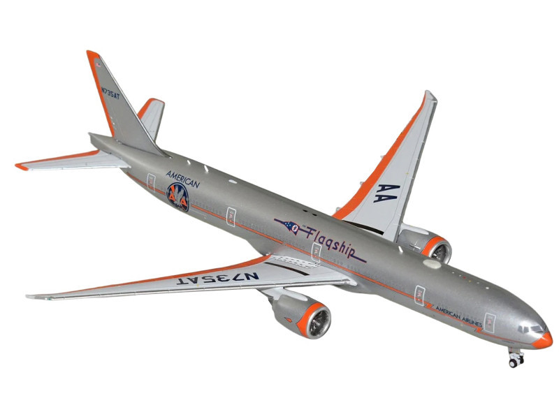 Boeing 777-300ER Commercial Aircraft "American Airlines - Flagship DFW" (N735AT) Silver with Orange Stripes 1/400 Diecast Model by GeminiJets