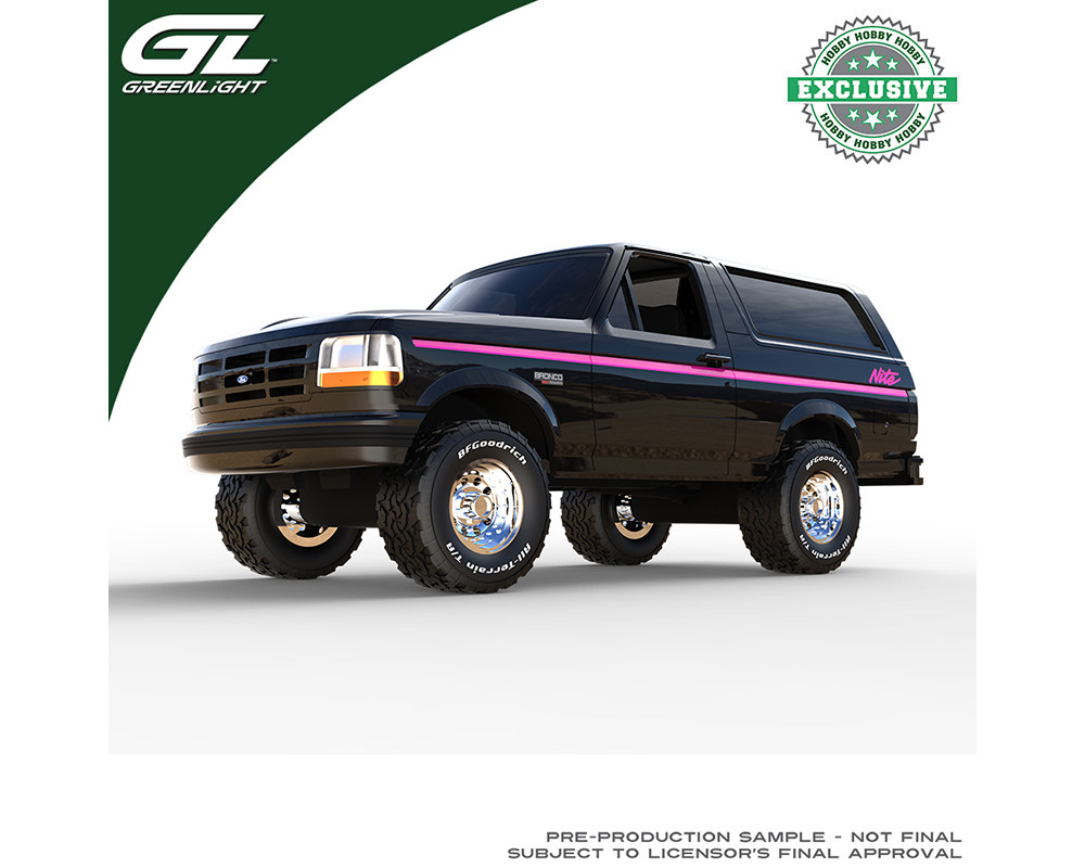 1/64 Greenlight 1992 Ford Bronco Lifted (Black Nite with Pink Stripe) Diecast Car Model