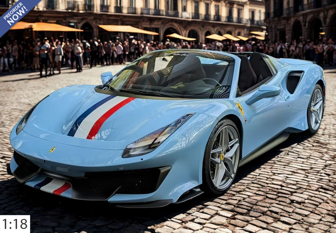 1/18 BBR Ferrari 488 Pista Spider (Azzurro la Plata Blue with French Flag Stripe) Car Model Limited 24 Pieces