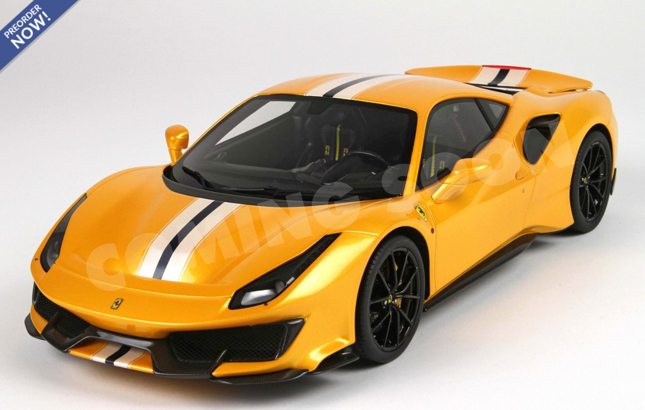 1/18 BBR Ferrari 488 Pista (Giallo Tristrato Yellow with Silver & Blue Stripes) Full Open Diecast Car Model with Standard Package