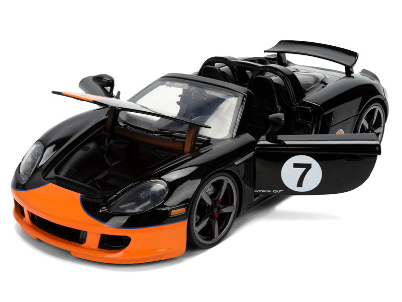 Porsche Carrera GT Convertible #7 "Gulf Oil" Black with Orange Graphics "Hyper-Spec" Series 1/24 Diecast Model Car by Jada