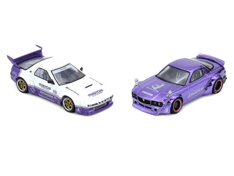 1/64 Inno 2-Car Set Mazda RX-7 FC3S "Pandem Rocket Bunny" (White & Purple) & Mazda Rx-7 FD3S "Rocket Bunny" Boss Wide Body Kit RHD (Right Hand Drive) (Purple Chrome) Diecast Car Models