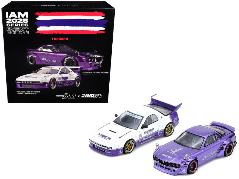 1/64 Inno 2-Car Set Mazda RX-7 FC3S "Pandem Rocket Bunny" (White & Purple) & Mazda Rx-7 FD3S "Rocket Bunny" Boss Wide Body Kit RHD (Right Hand Drive) (Purple Chrome) Diecast Car Models