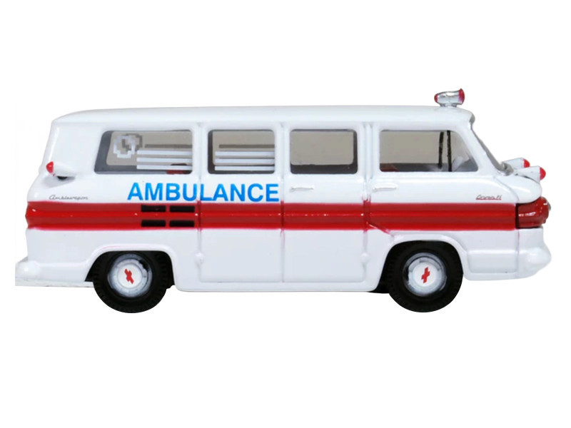 1962 Chevrolet Corvair Greenbrier AmbleWagon Ambulance White with Red Stripes 1/87 (HO) Scale Diecast Model Car by Oxford Diecast