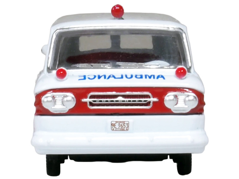 1962 Chevrolet Corvair Greenbrier AmbleWagon Ambulance White with Red Stripes 1/87 (HO) Scale Diecast Model Car by Oxford Diecast
