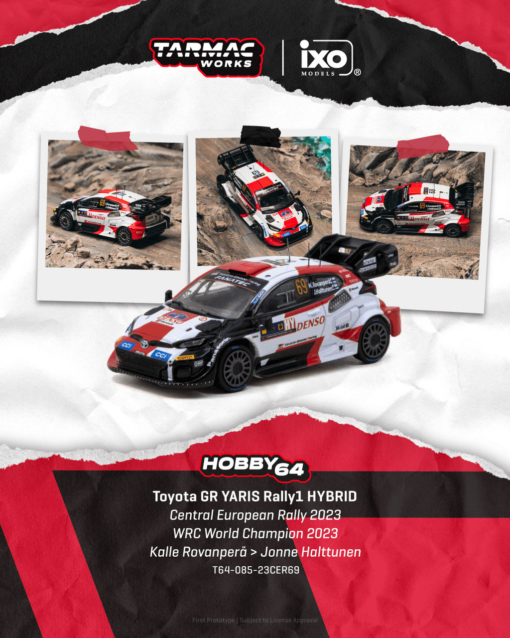 1/64 Tarmac Works 2023 Toyota GR Yaris Rally1 HYBRID Central European Rally 2023 WRC World Champion 2023 Kalle Rovanperä, Jonne Halttunen Diecast Car Model