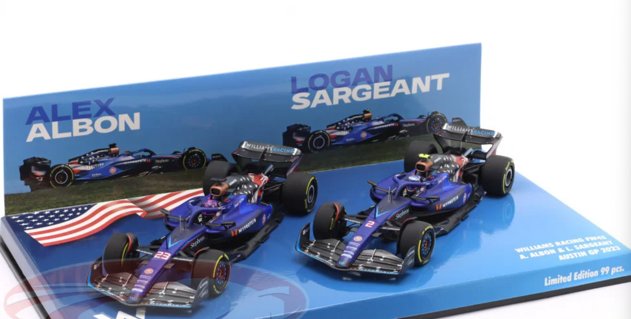 1/43 Minichamps 2-Car Set 2023 Formula 1 Williams Racing Albon #23 & Sargeant #2 USA GP Car Model
