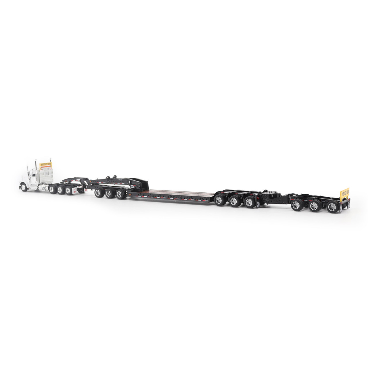 1/64 Diecast Masters Peterbilt Model 589 131-inches-BBC Day-Cab Tridem-Axle Truck Tractor (White) & Trail King TK170 Hydraulic Detachable Gooseneck Lowboy Trailer with Jeep & Booster Diecast Model
