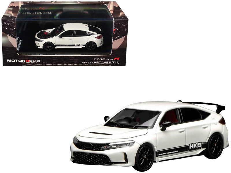 Honda Civic Type R (FL5) RHD (Right Hand Drive) "HKS" White with Black Stripes 1/64 Diecast Model Car by MotorHelix