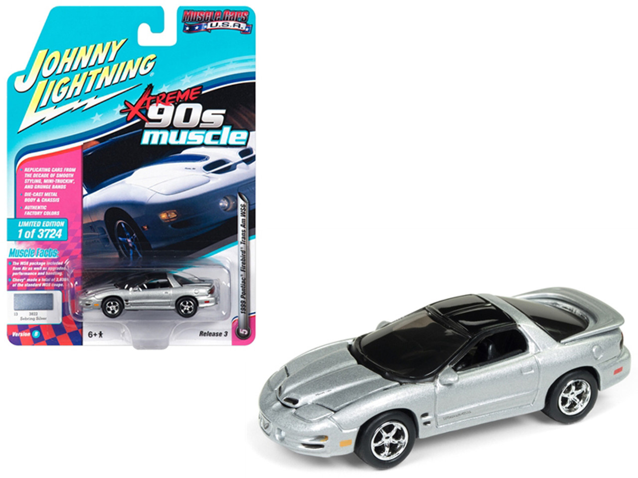 1999 Pontiac Firebird Trans Am WS6 Sebring Silver "90's Muscle" Limited Edition to 3,724 pieces Worldwide 1/64 Diecast Model Car by Johnny Lightning