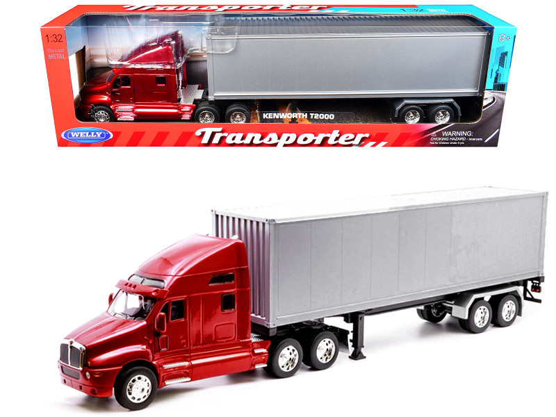 1/32 Welly Kenworth T2000 Semi Truck (Red with Silver Box Trailer) Transporter Diecast Model