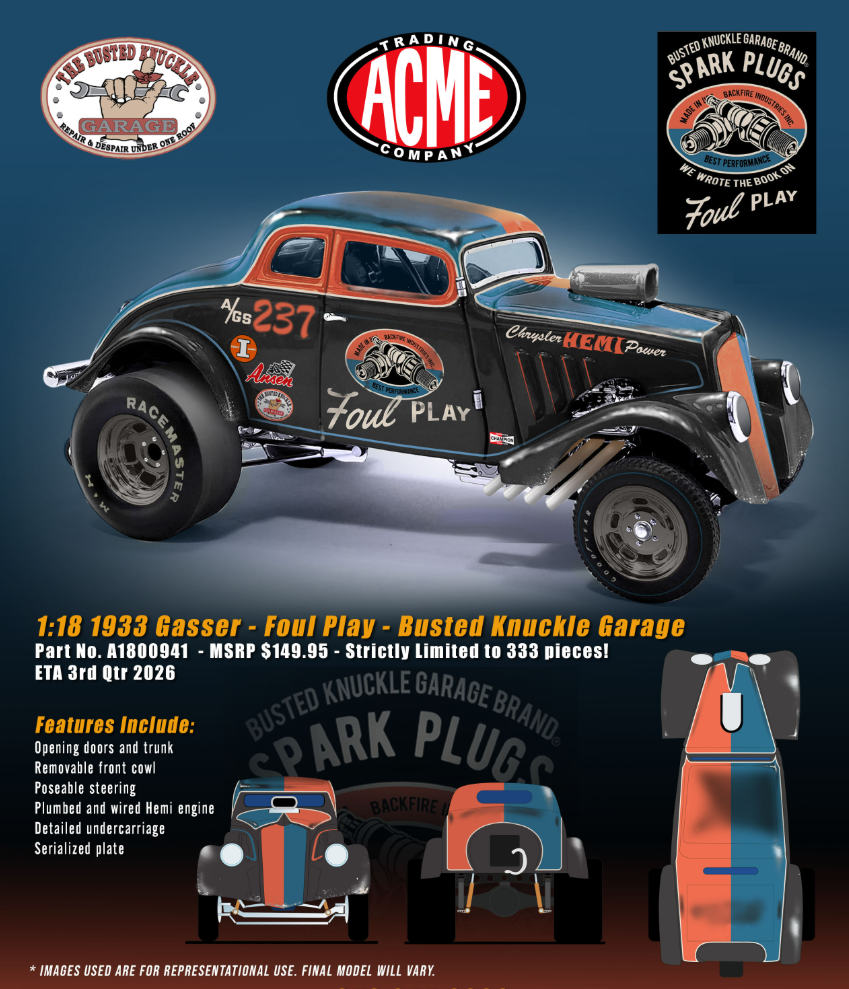 1/18 ACME 1933 Gasser Foul Play Busted Knuckle Garage Diecast Car Model Limited 333 Pieces