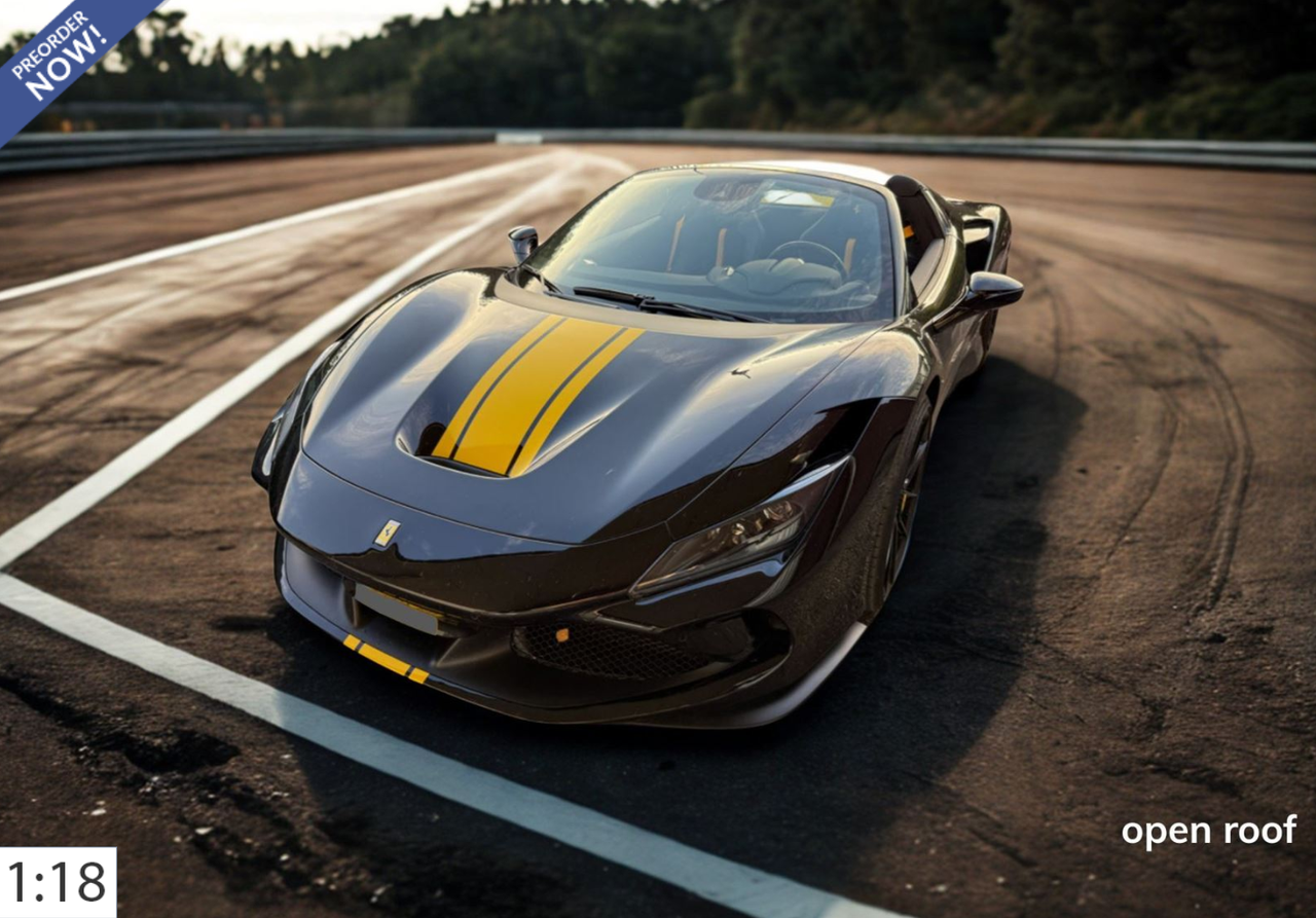 1/18 BBR Ferrari F8 Tributo Spider Open Roof (Black DS with Modena Yellow Stripe) Car Model Limited