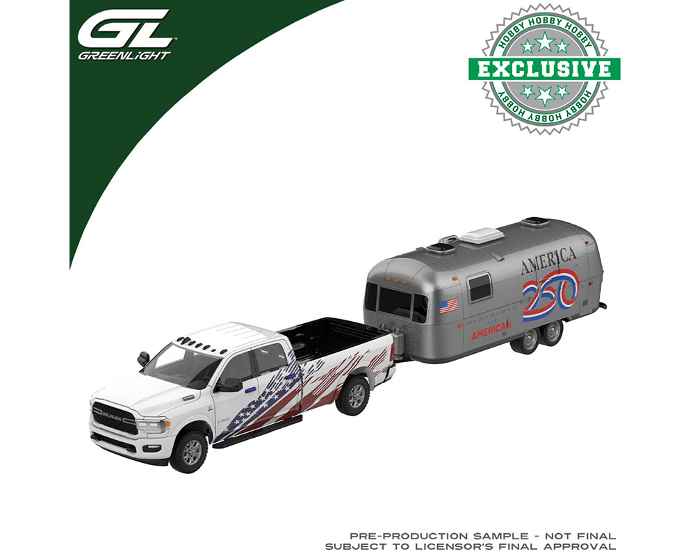 1/64 Greenlight 2024 Dodge Ram 2500 Laramie with 2026 Airstream America 250 Edition Diecast Car Models